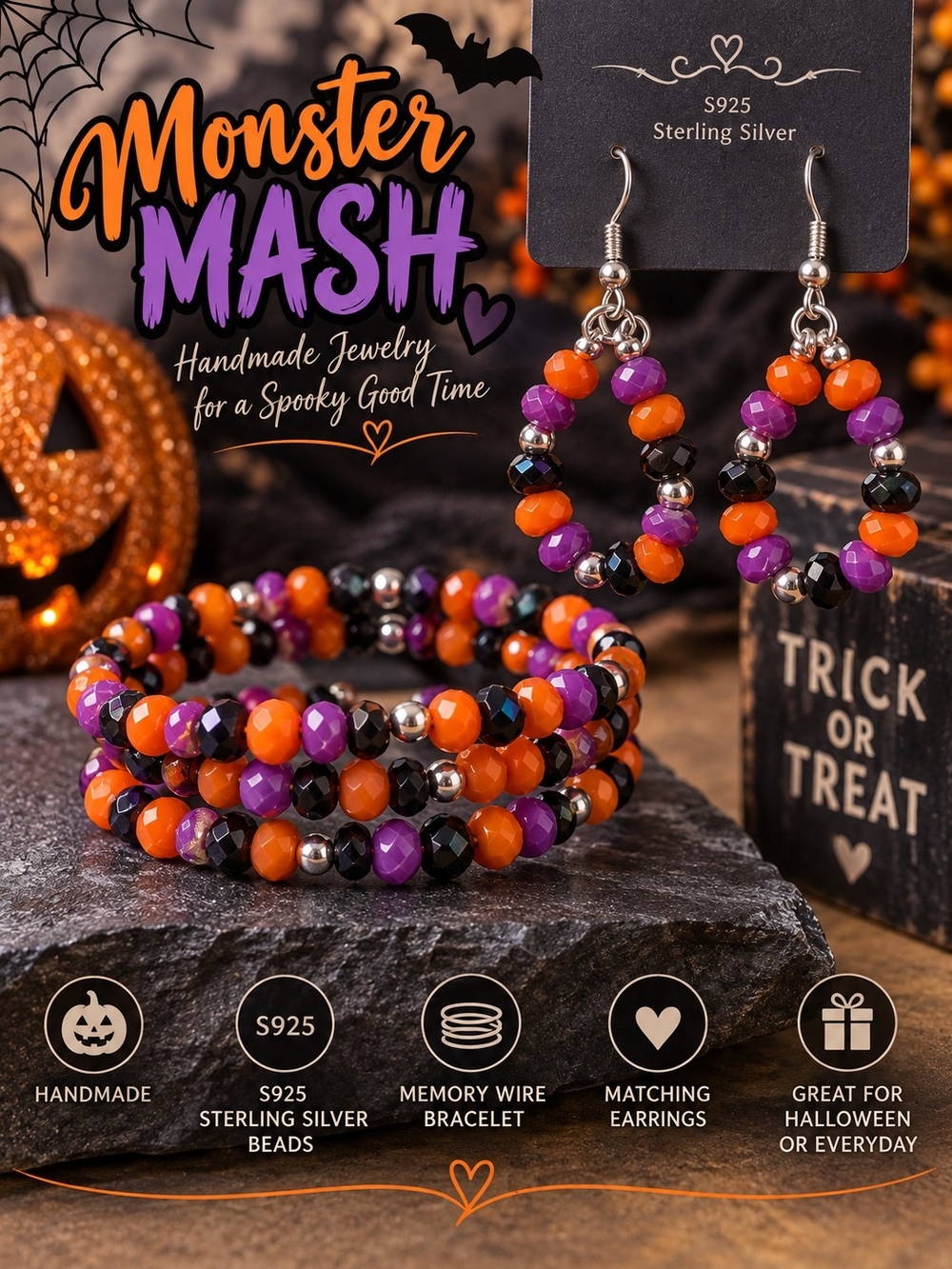 Monster Mash Halloween Beaded Bracelet & Earrings Set - Orange, Purple, Black